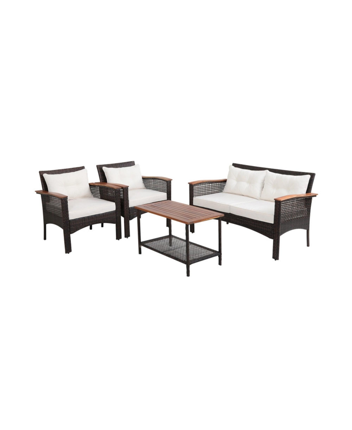 Clihome 4 Pieces Patio Rattan Acacia Wood Furniture Set with Cushions and Armrest - Espresso