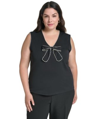 Plus Size V-Neck Sleeveless Imitation Pearl Bow Blouse