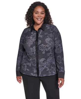 Plus Size Floral-Print Point-Collar Long-Sleeve Top