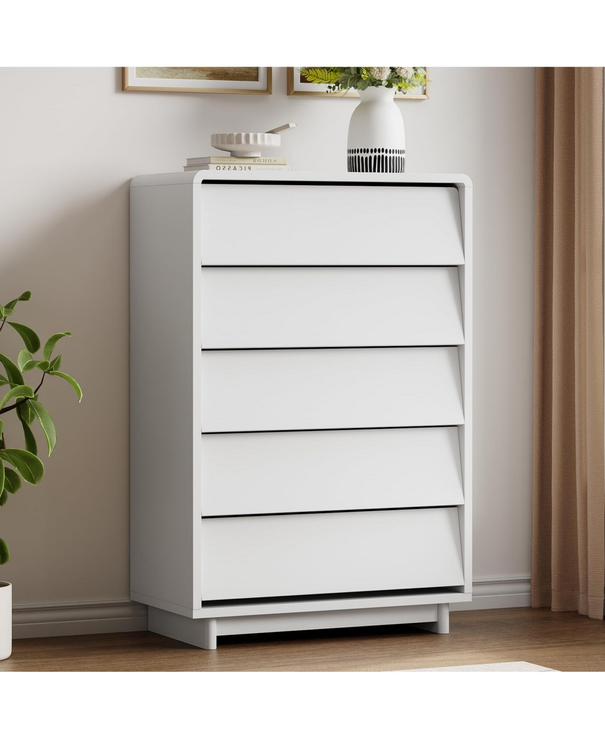 homfan 5 Drawer Dresser for Bedroom, Modern Wood Tall Dresser with Handle Curved-Edge Design, Chests of Drawers with Large Capacity