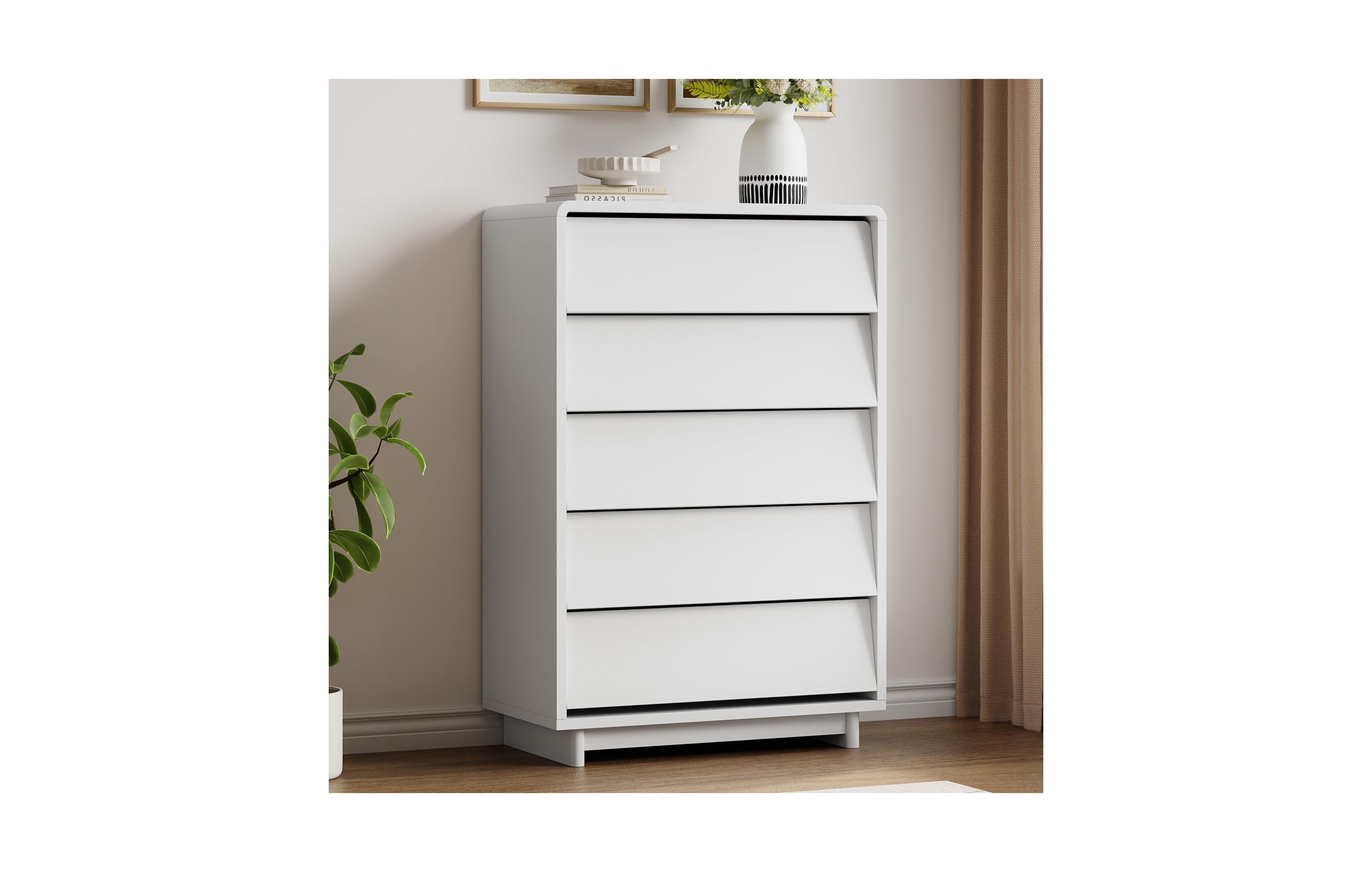 homfan 5 Drawer Dresser for Bedroom, Modern Wood Tall Dresser with Handle Curved-Edge Design, Chests of Drawers with Large Capacity