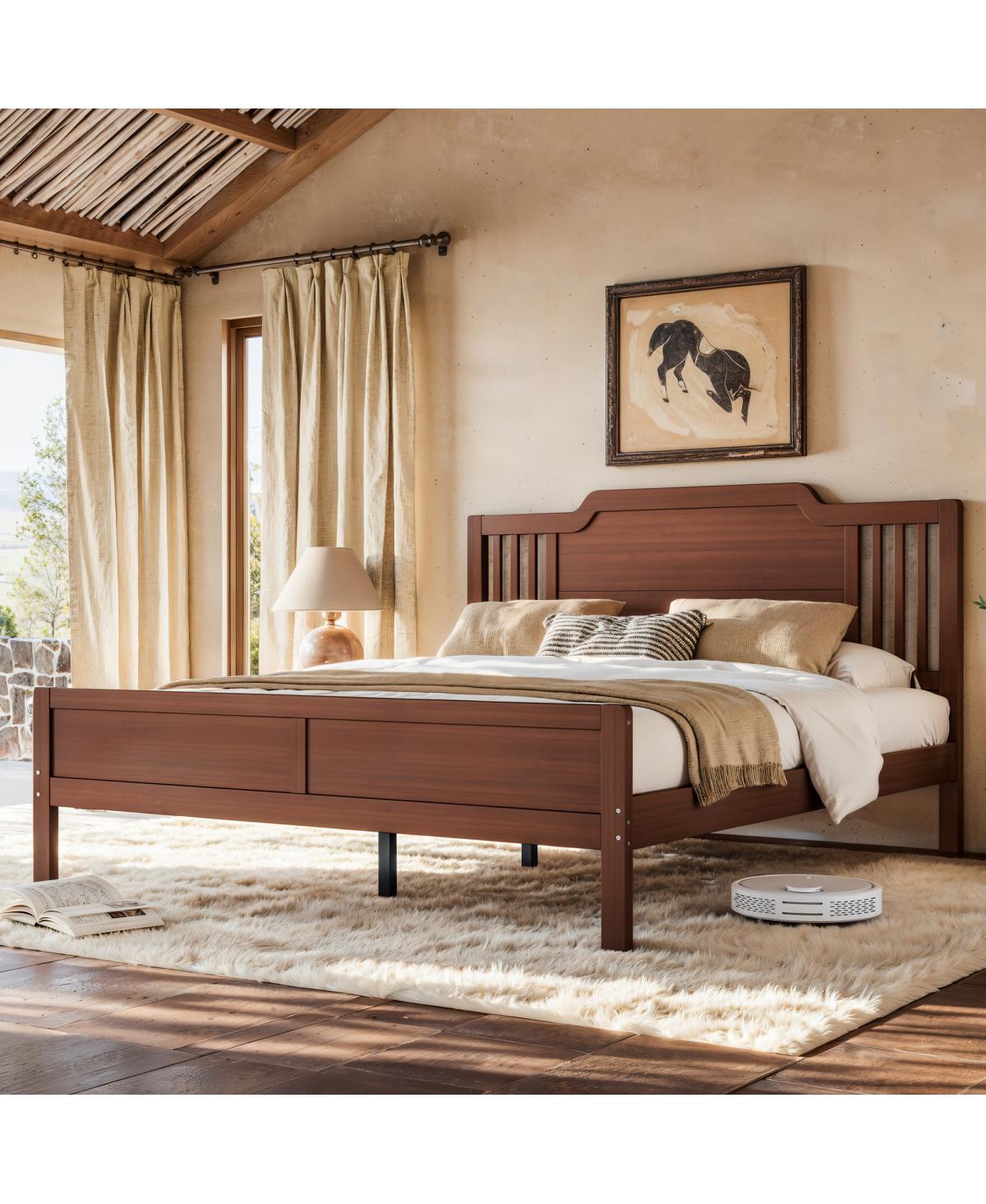 Streamdale Furniture Queen Size Solid Bamboo Platform Bed Frame with Tall Headboard - Brown