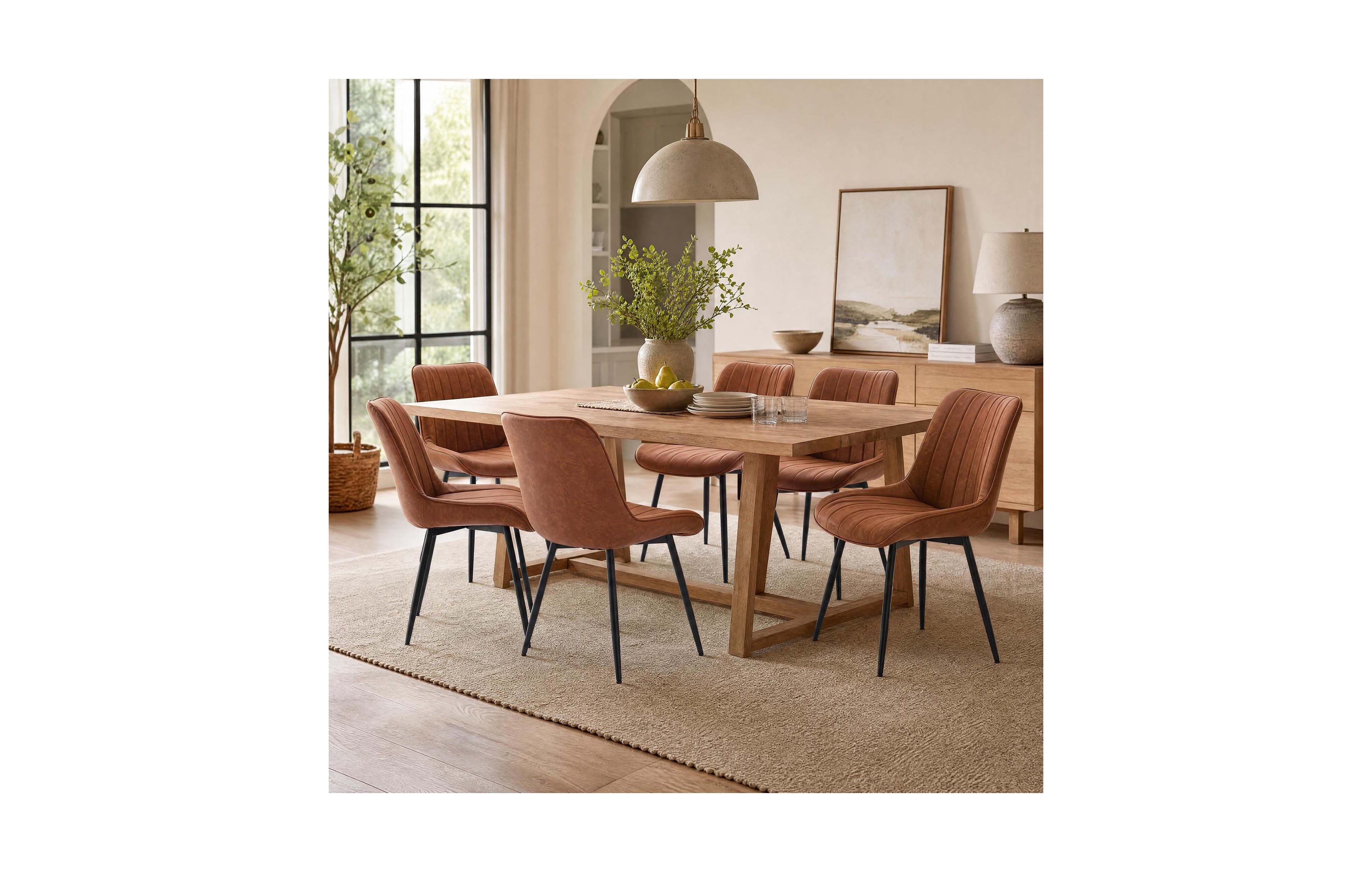 homfan Set of 6 Upholstered Dining Chairs, Striped Pu Leather Padded Seats, Metal Leg Chairs for Dining Room Kitchen Living Room