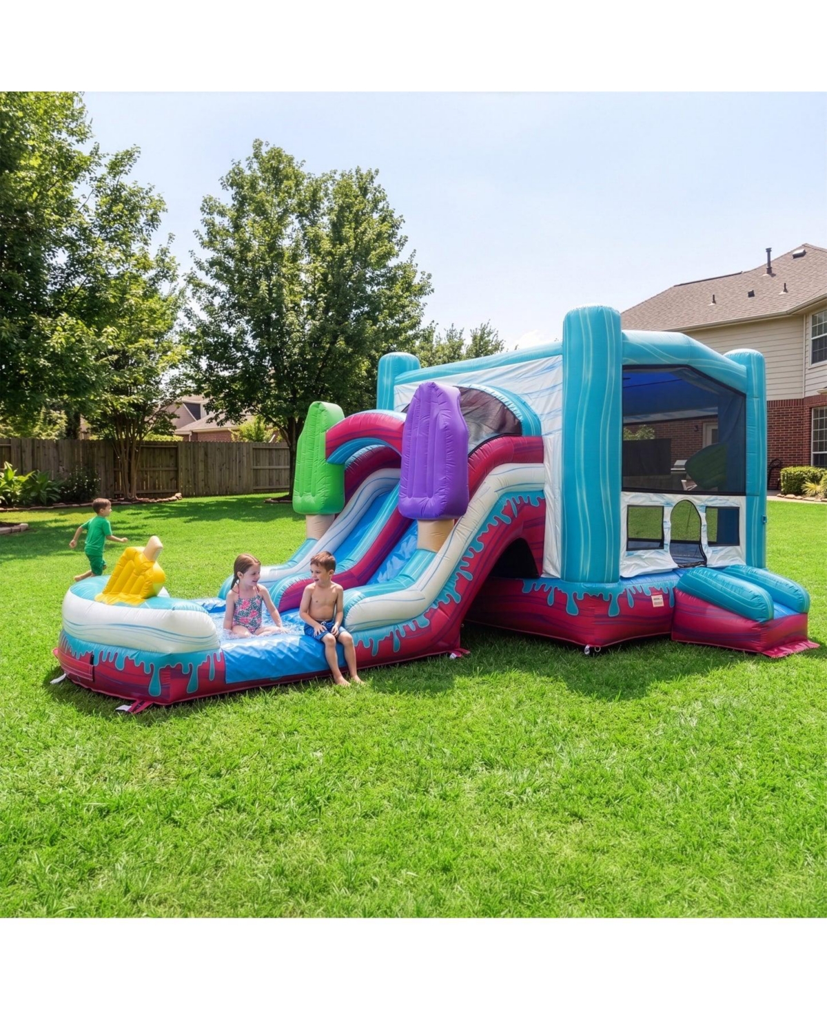 Xjump Pop Splash 12 Ft. Tall Vinyl Dual-Lane Slide with Attached Pool and Bounce House Inflatable Combo, Capacity up to 8 Users, Ages 3+