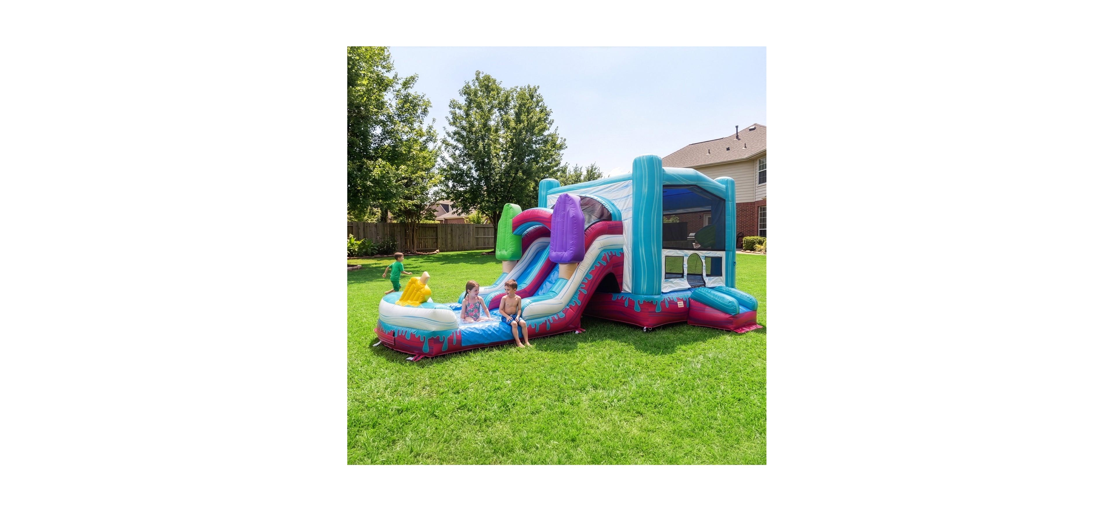 Xjump Pop Splash 12 Ft. Tall Vinyl Dual-Lane Slide with Attached Pool and Bounce House Inflatable Combo, Capacity up to 8 Users, Ages 3+