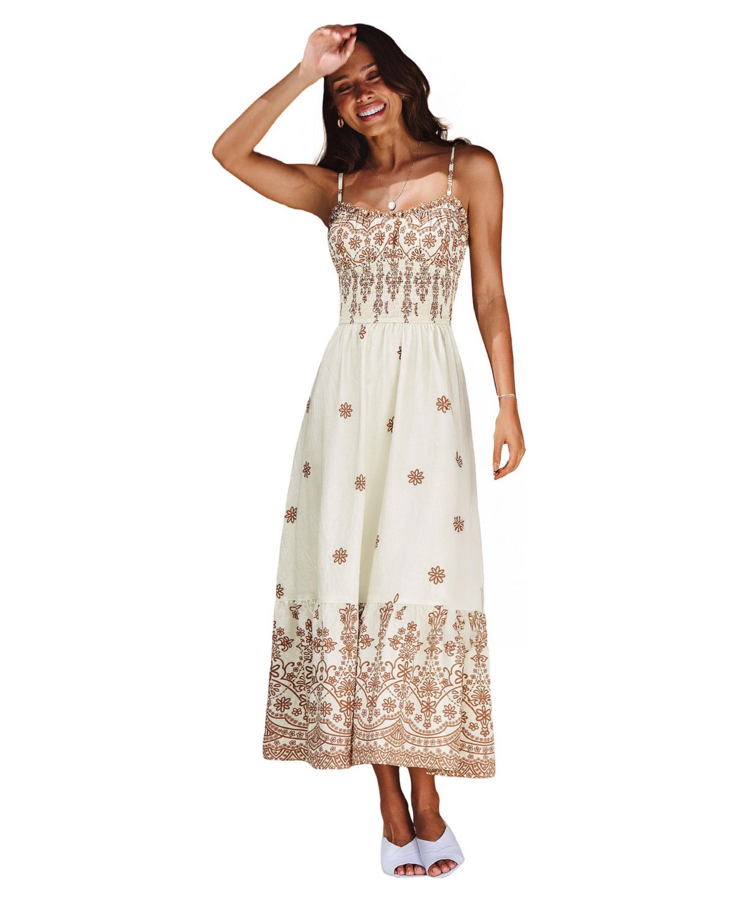 Женское платье Cupshe Big Entrance V-Neck Sleeveless Smocked-Waist Maxi, цвет: Светлый бежевый — фото 1