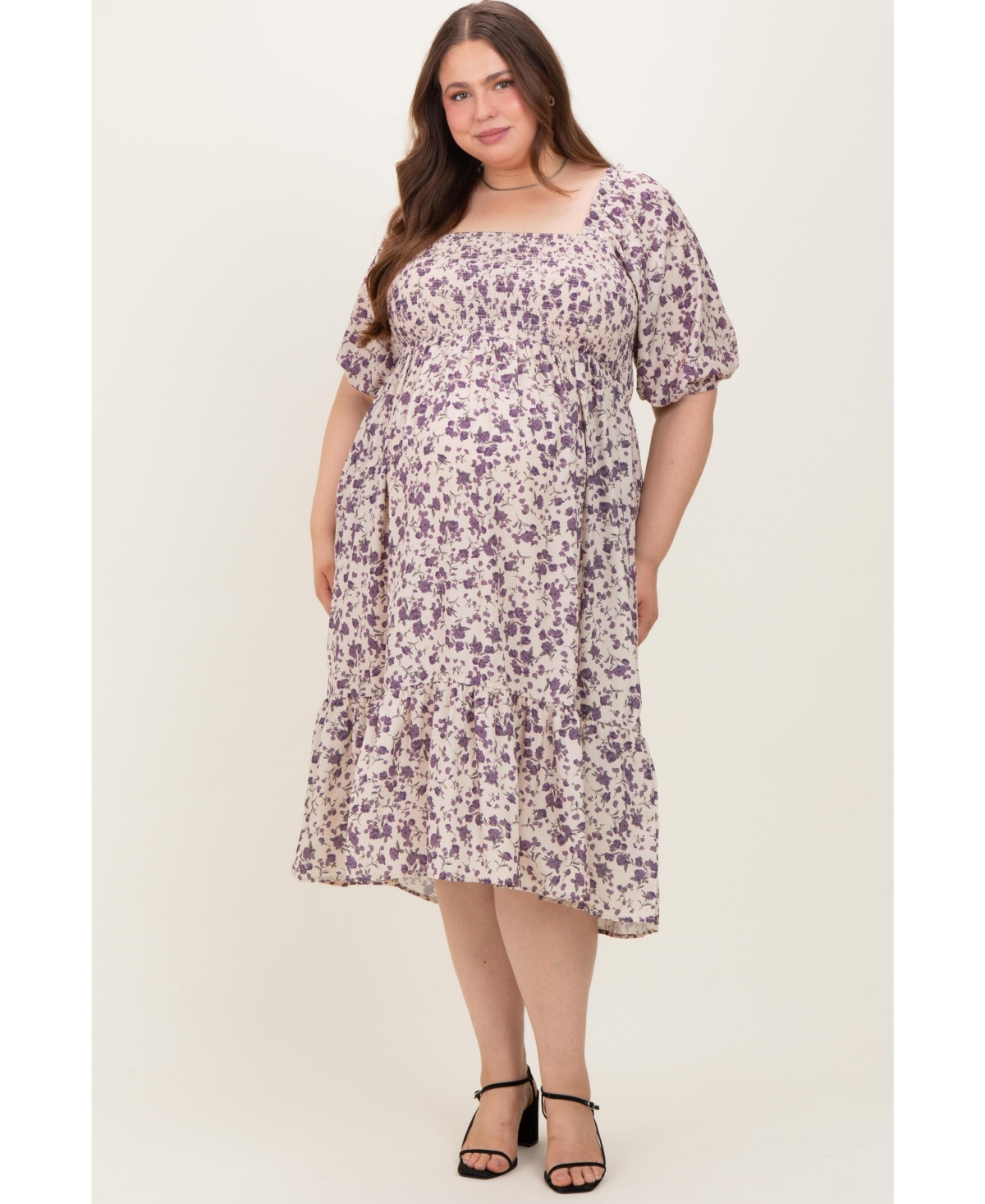 Pinkblush Plus Size Cream Floral Smocked Midi Dress - Cream