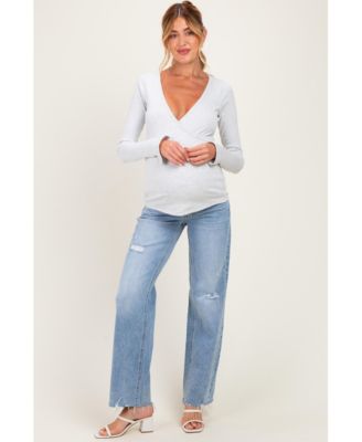 Women's Light Blue Distressed Fringe Hem Wide Leg Jeans