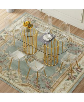 Streamdale 71 Inch Glass Top Oval Dining Table with 6 Gold Transparent Chairs Set