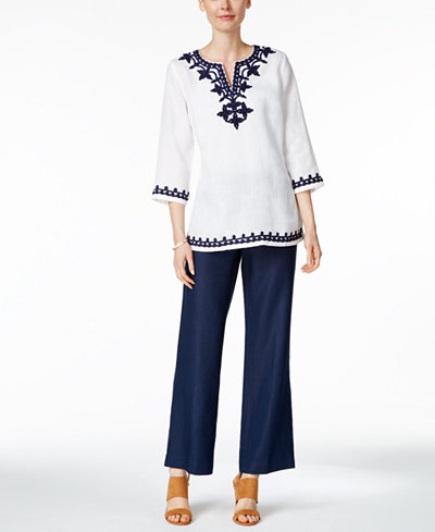 Charter Club Embroidered Top & Linen Pants, Only at Macy's