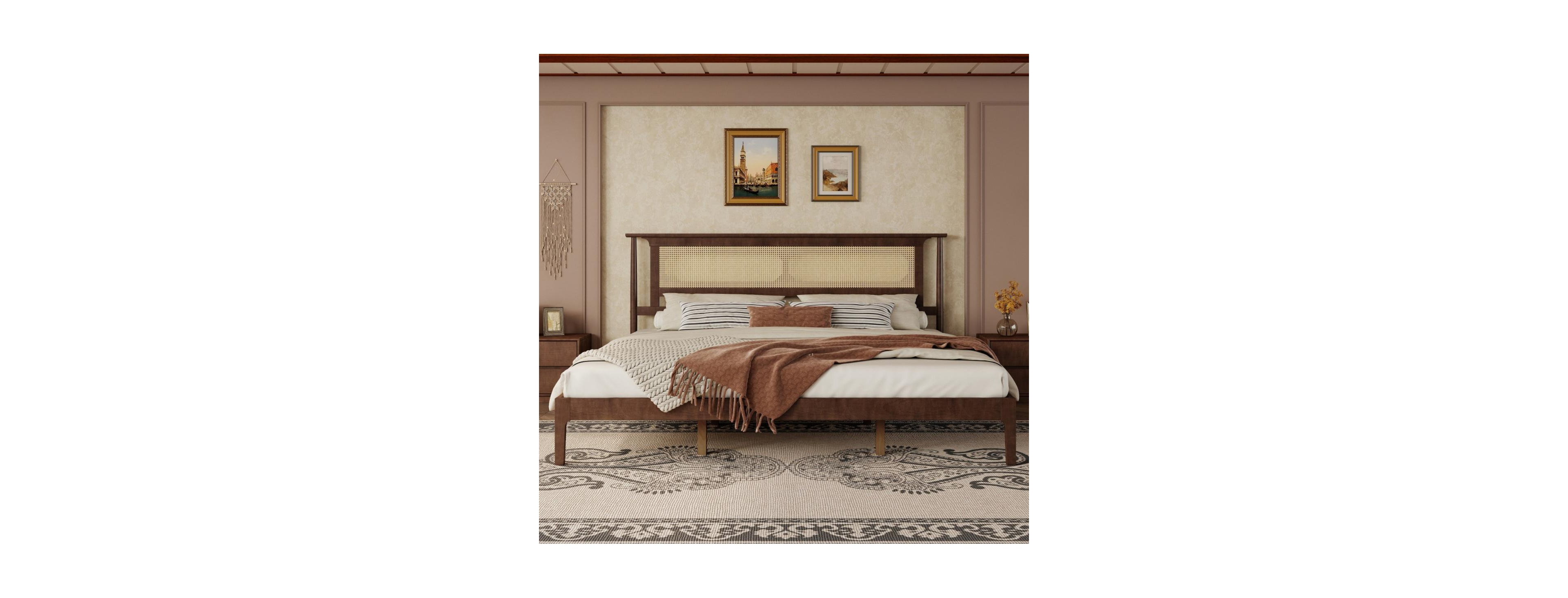 Rainsken King Size Solid Pine Wooden Bed, Pe Rattan Headboard Bed with Underbed Storage, Reinforced Support Legs for Bedroom Apartment Guest Room