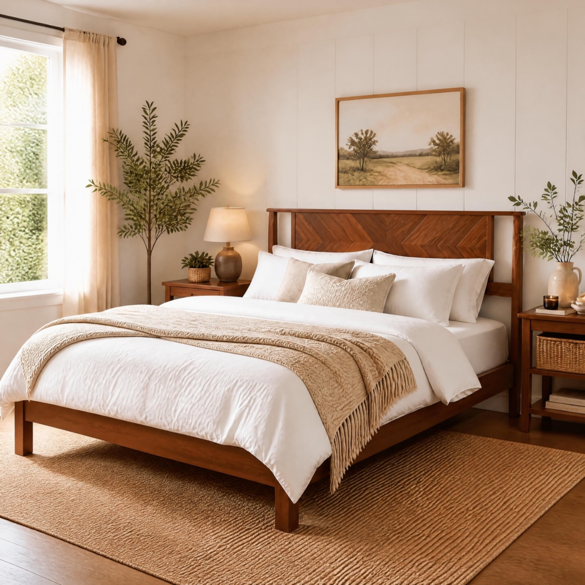 homfan Platform Bed Frame Mid-Century Modern Wood Bed with Geometric Headboard and Wooden Slats Support