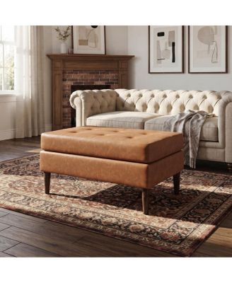 Upholstered PU Leather Ottoman, Solid Wooden Legs