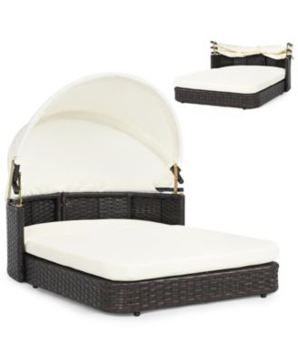 Wicker Dog House Outdoor with Adjustable Canopy 2 Detachable Soft Cushions