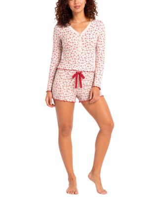 Women's Wonderluxe Long-Sleeve V-Neck Top and Shorts, 2-Piece Set