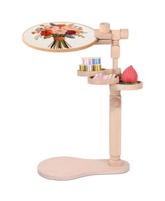 Adjustable Rotating Beech Wood Embroidery Hoop Stand with Storage Trays for Cross Stitch Craftwork