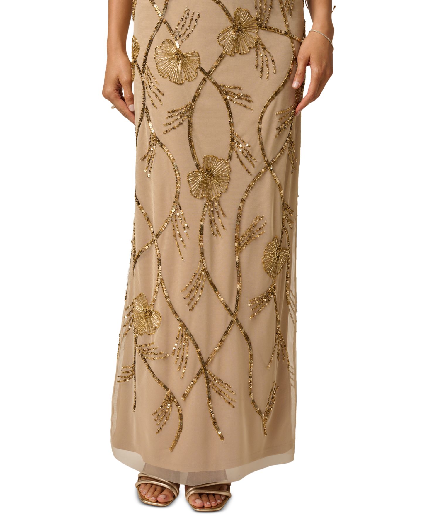 Женское платье Adrianna Papell Mock Neck Beaded Floral Gown, цвет: Золотой — фото 4