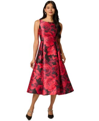 Women's Ikat Rose Floral-Print Boat Neck A-Line Dress