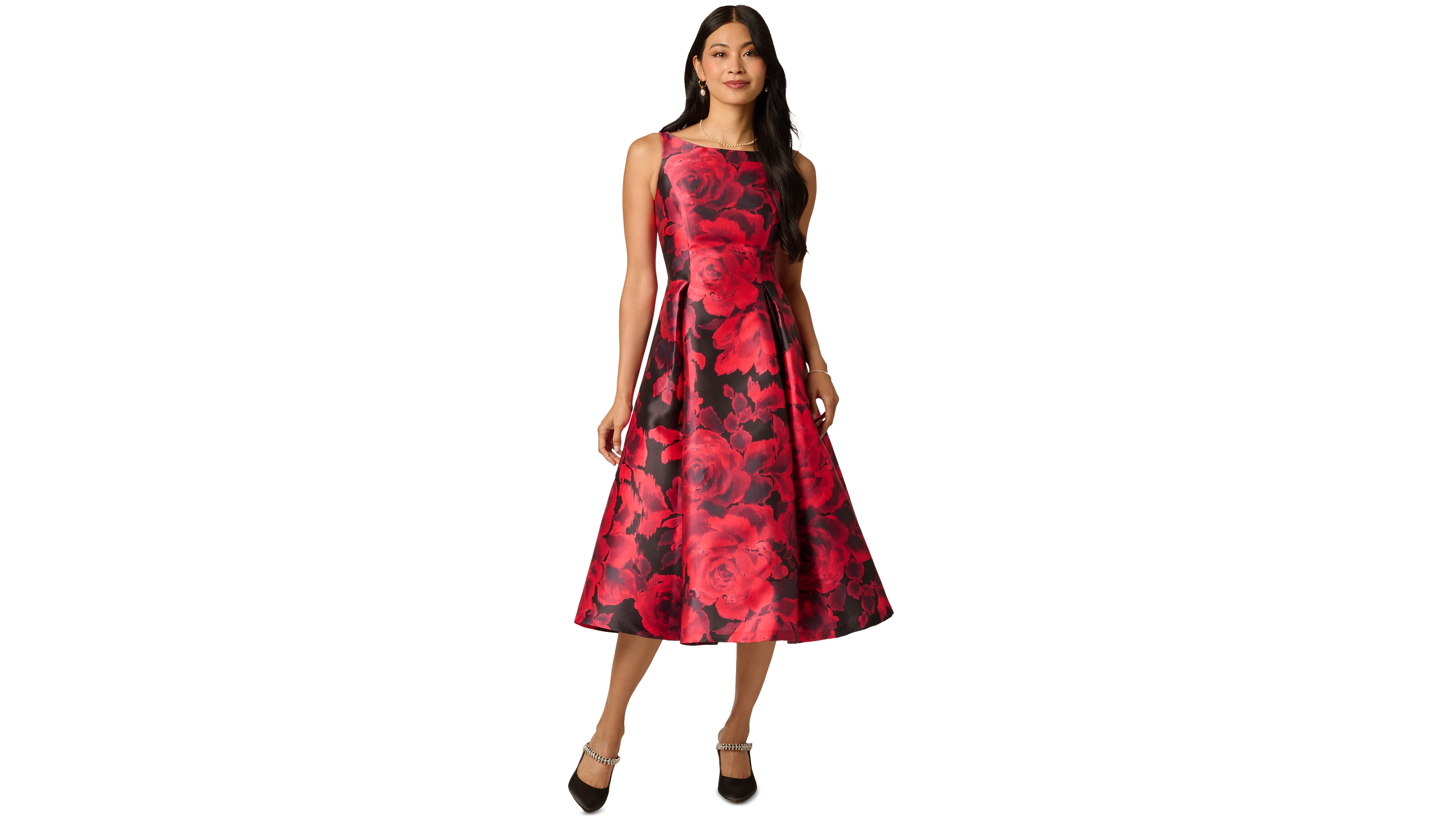Adrianna Papell Women's Ikat Rose Floral-Print Boat Neck A-Line Dress