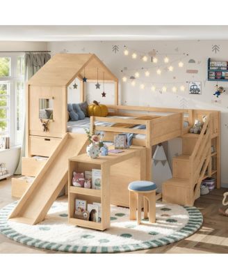Full Playhouse Loft Bed with Storage, Desk, Slide and Play Window