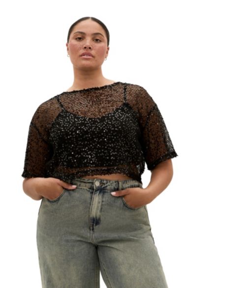 Женский топ CITY CHIC Plus Size Stardust Sheer-Mesh Sequin Crop, цвет: Чёрный
