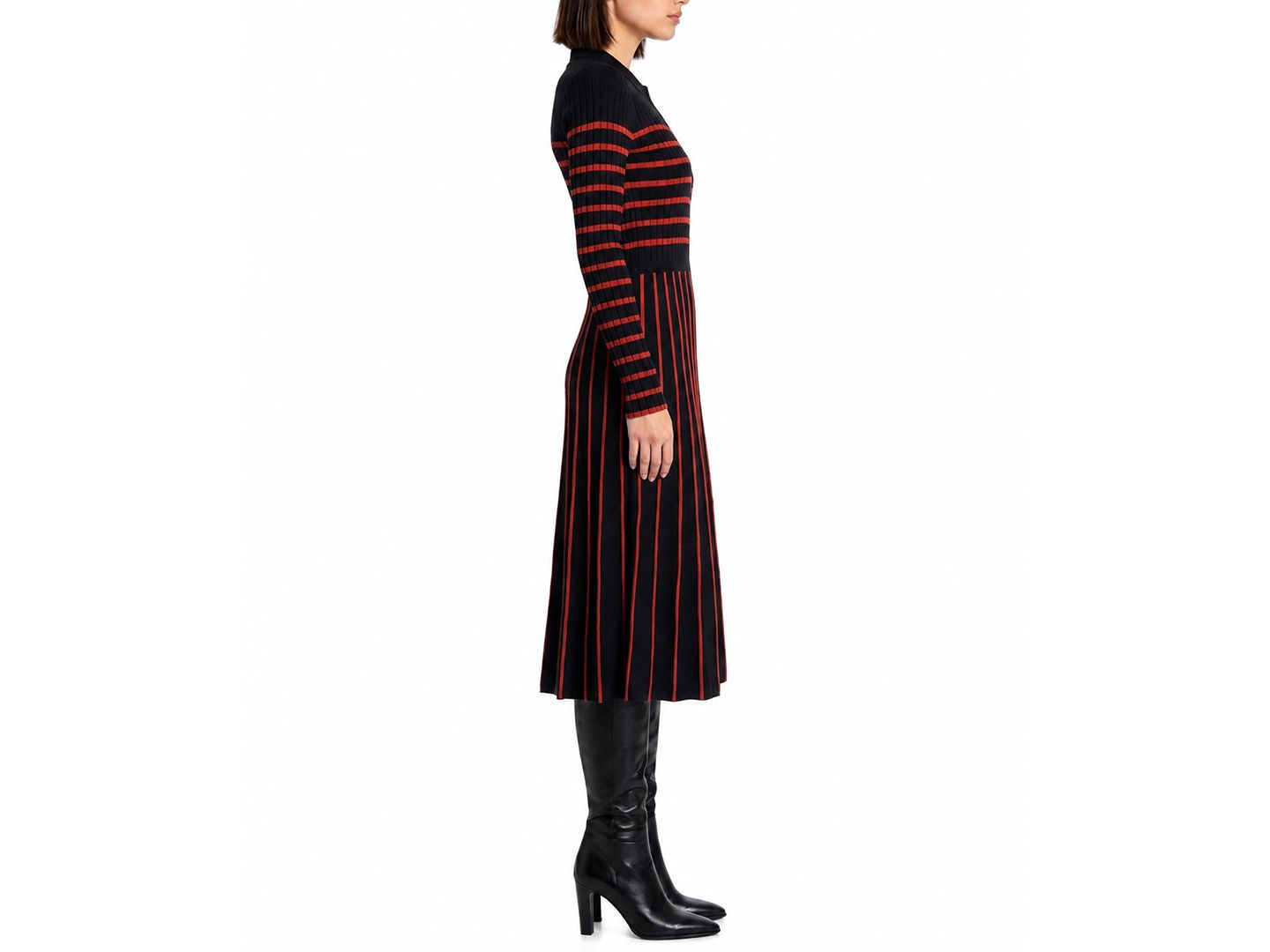 Женское платье Elie Tahari Elodie Long-Sleeve Collared Midi Sweater Dress, цвет: Чёрный / Toasted Saffron — фото 2