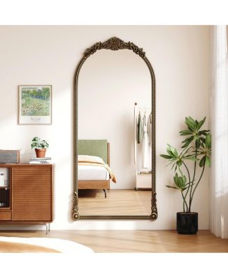73" Arched Full Length Wall Mirror with Ornate Relief Carvings Vintage Decorative Mirror