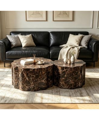  Set of 2 Round Faux Travertine and Coffee Tables