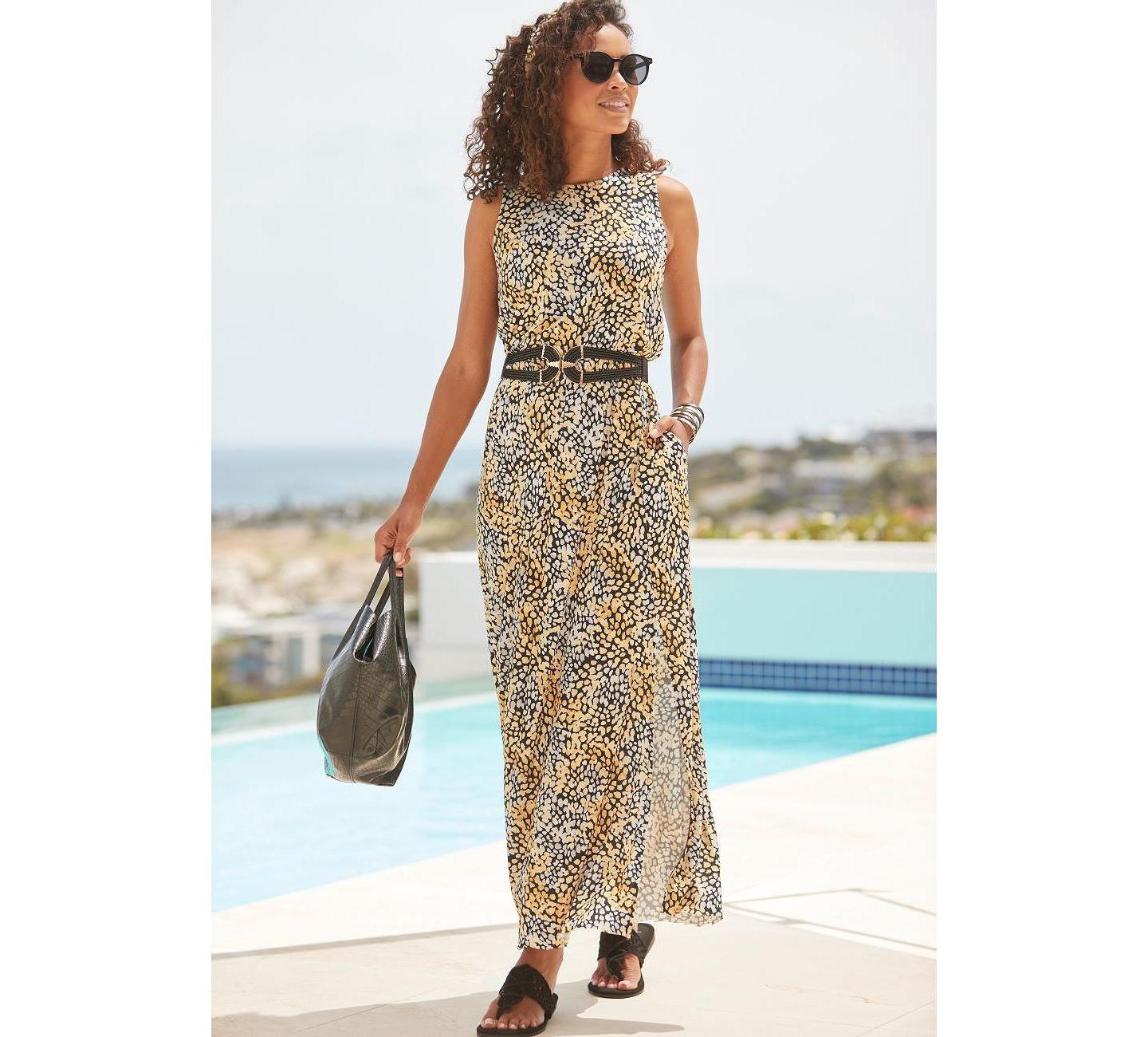 Женское платье Lascana Viscose Printed Side Slit Column Elastic-Waist Maxi, цвет: Чёрный / Жёлтый — фото 2