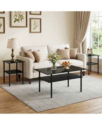 3-Piece Modern Glass Coffee and End Table Set with Wood Shelf