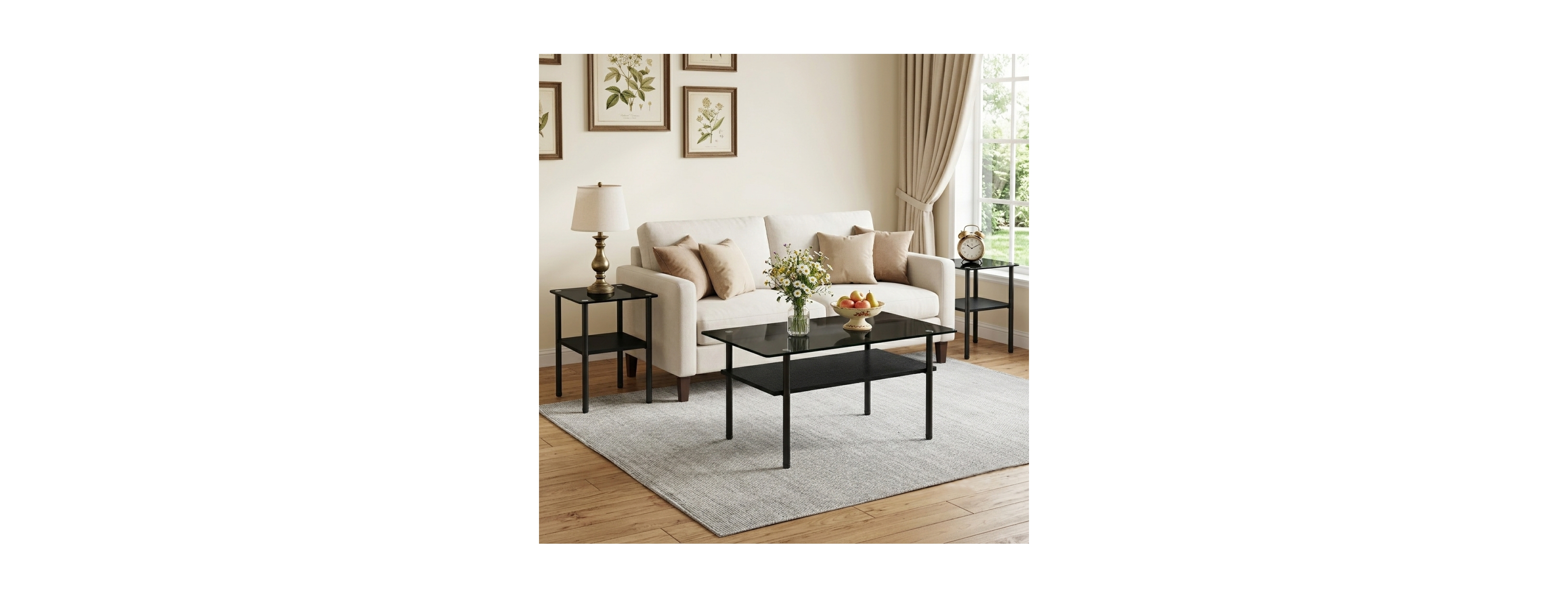 Streamdale Furniture 3-Piece Modern Glass Coffee and End Table Set with Wood Shelf