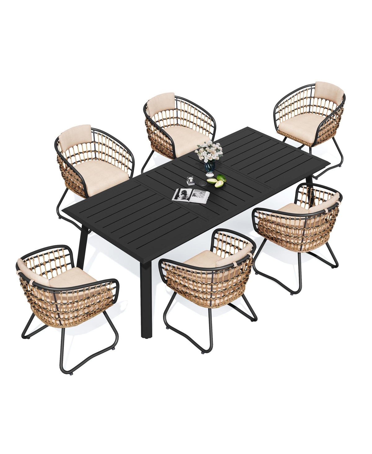 Pellebant 7/9/11-Piece Outdoor Patio Dining Set Aluminum Dining Table with Umbrella Hole and Pe Rattan Chairs - Set of 7 - 82.68 inches