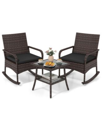 3 Pieces PE Wicker Rocking Bistro Set With 2-Tier Side Table Cushions and Armchairs