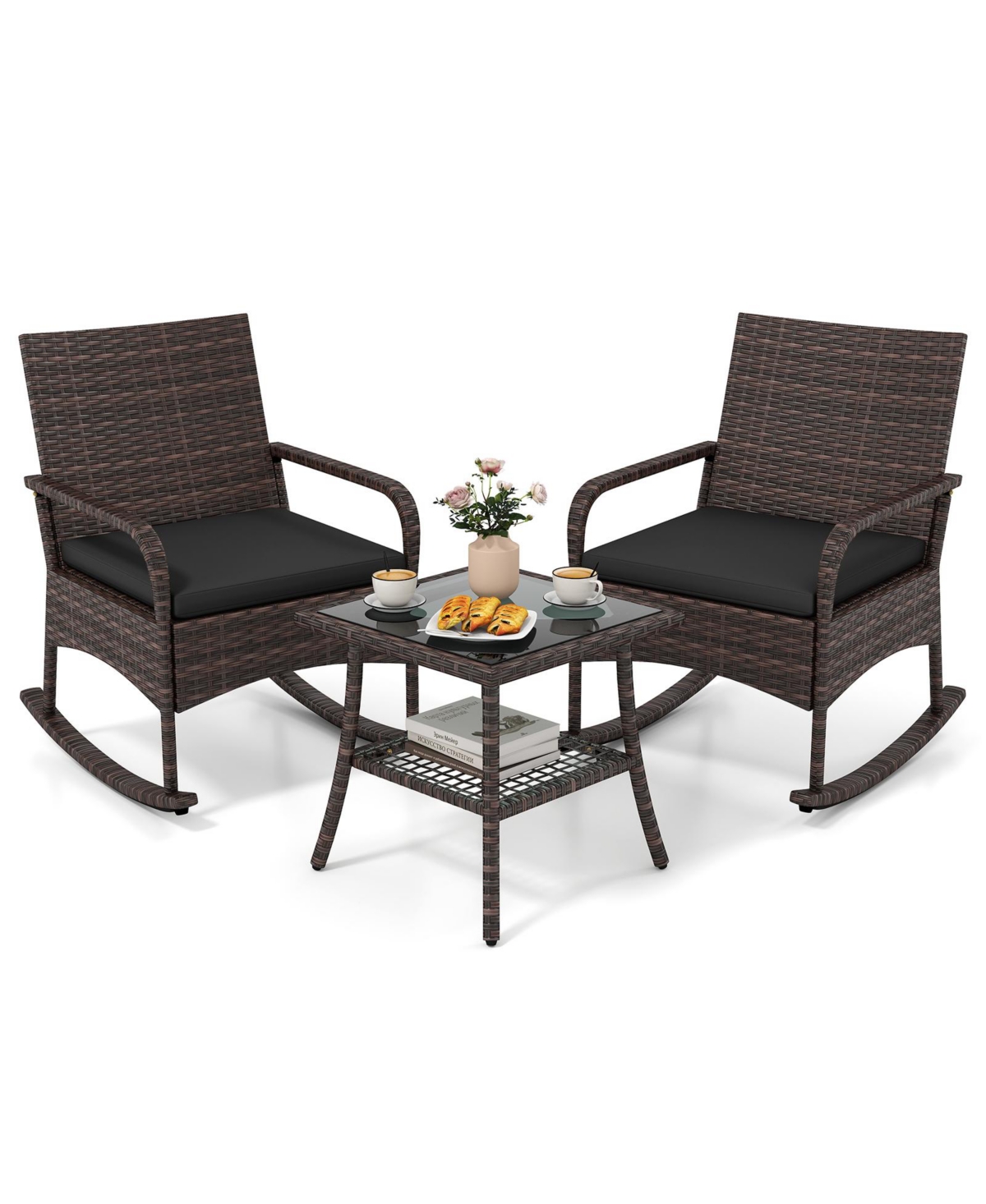 Gymax 3 Pieces Pe Wicker Rocking Bistro Set With 2-Tier Side Table Cushions and Armchairs