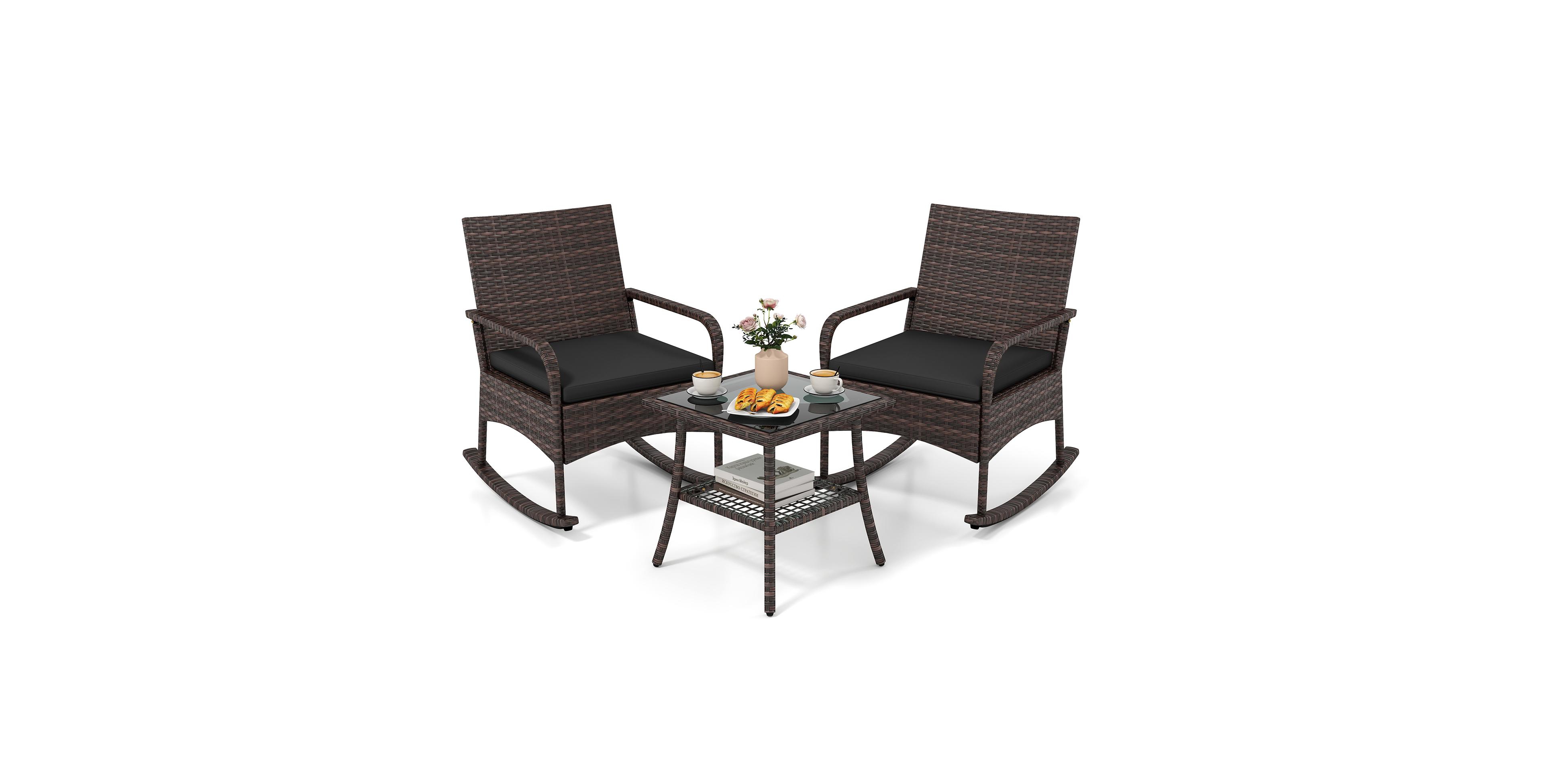 Gymax 3 Pieces Pe Wicker Rocking Bistro Set With 2-Tier Side Table Cushions and Armchairs