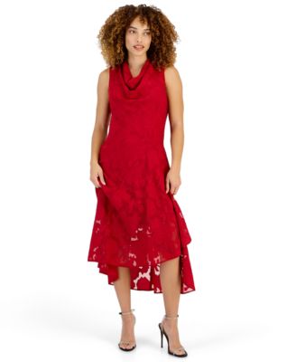 Petite Burnout Drape Cowl-Neck Fit & Flare High-Low Hem Chiffon Dress