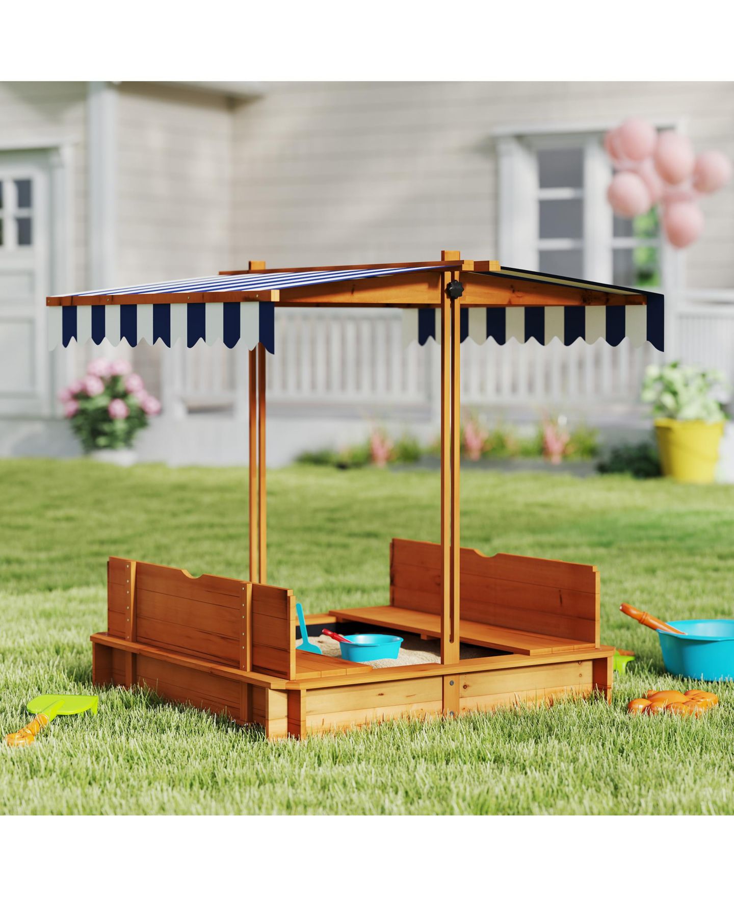Детская игрушка Glintex Wooden Kids Sandbox with Adjustable Canopy, Foldable Bench Seats and Bottom Liner, 41.7" Square, 45.3" Tall, Ages 2+, цвет: Коричневый — фото 11