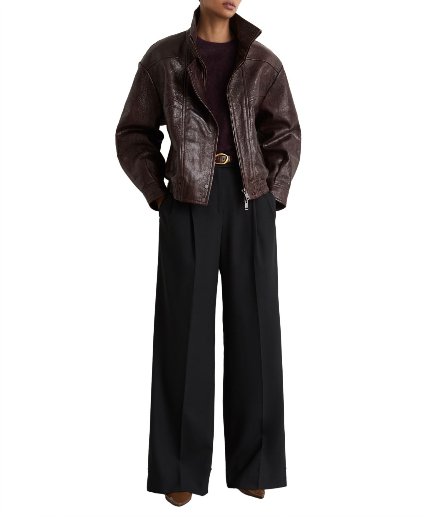 Женская куртка REISS Petra Oversized Funnel-Neck Leather, цвет: Баклажановый — фото 2