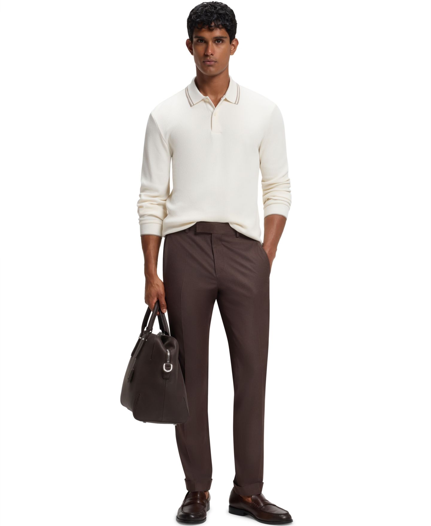 Мужское поло Hugo Boss H-Pittman 10 Waffle-Knit Long-Sleeve Polo Shirt, цвет: Белый — фото 4