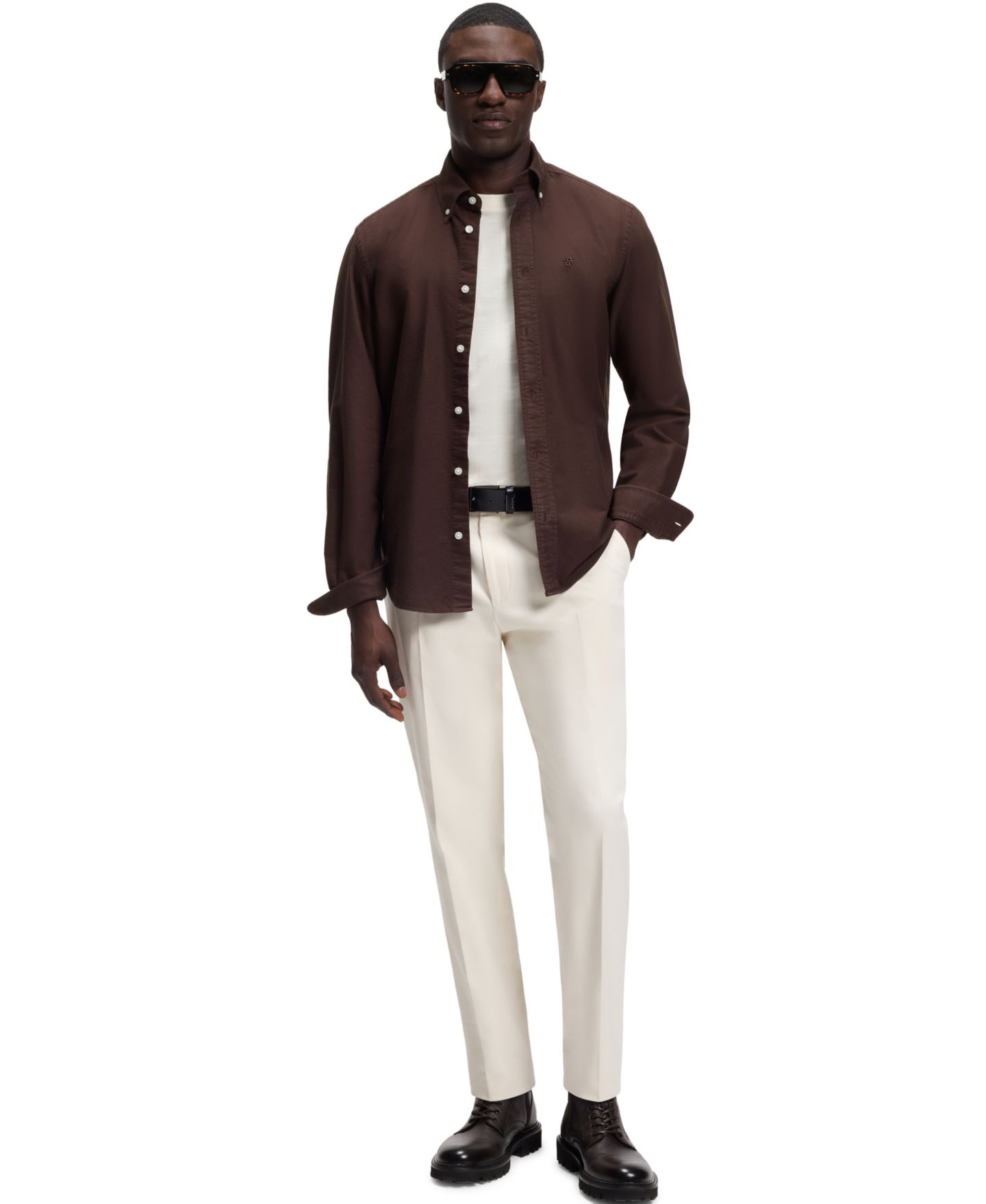Мужская рубашка Hugo Boss Liam Oxford Dress Shirt, цвет: Тёмный коричневый — фото 4