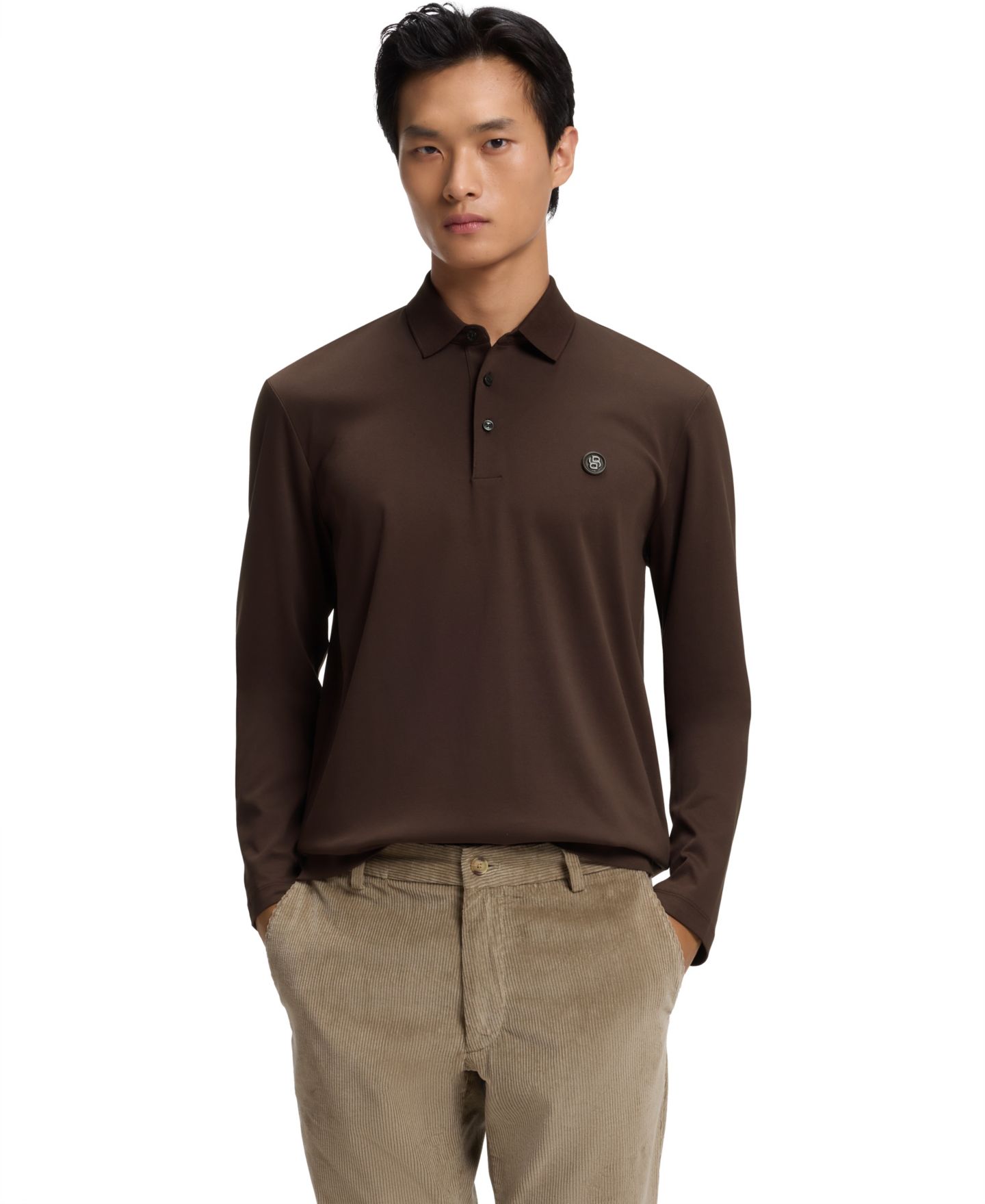 Мужское поло Hugo Boss Long-Sleeve Double B Monogram Polo Shirt, цвет: Тёмный коричневый — фото 1
