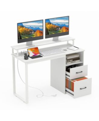 Computer Desk with Power Outlets and File Drawer Home Office Desk with Monitor Stand