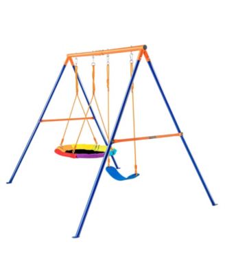 Kids Backyard A-Frame Metal Swing Set with Saucer and Belt Seats, 440 lbs Capacity, Ages 3-10