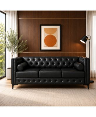 78.5" Mid-Century Modern 3-Seater Faux Leather Sofa with Bolster Pillows