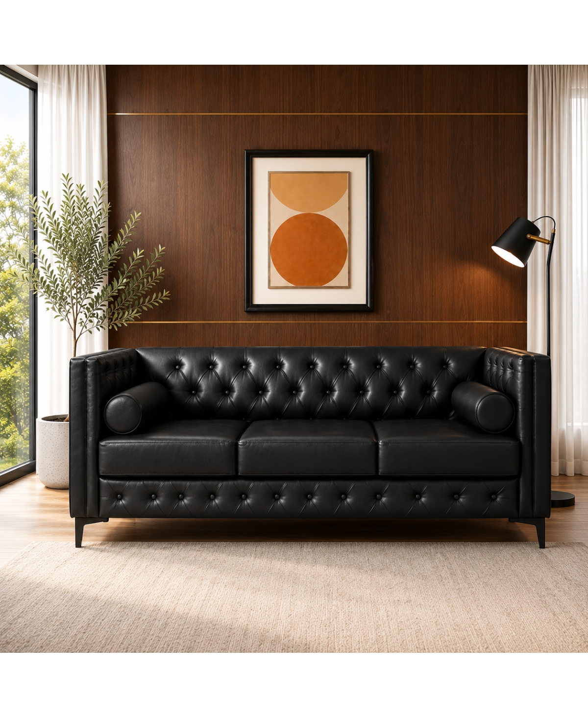 Streamdale Furniture 78.5" Mid-Century Modern 3-Seater Faux Leather Sofa with Bolster Pillows