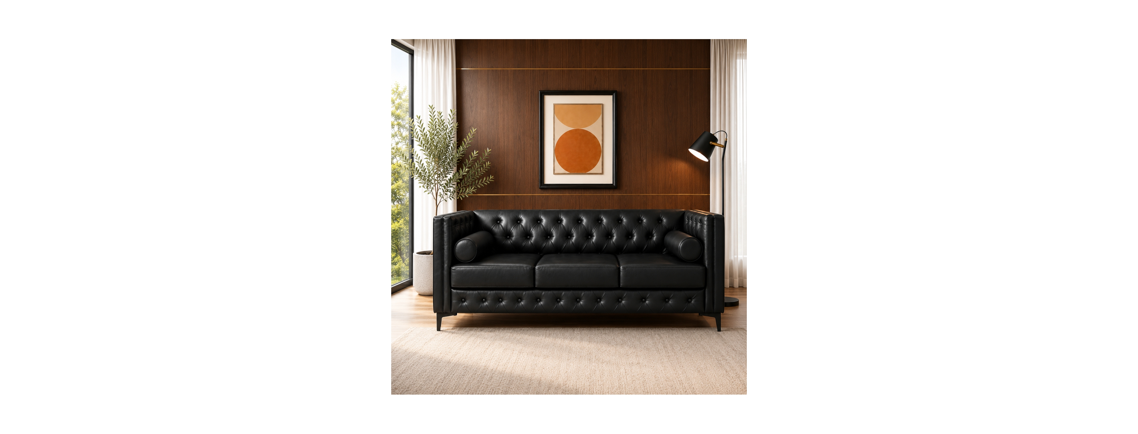 Streamdale Furniture 78.5" Mid-Century Modern 3-Seater Faux Leather Sofa with Bolster Pillows