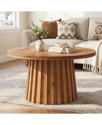 31.5-Inch Solid Wood Round Fluted Coffee Table for Living Room