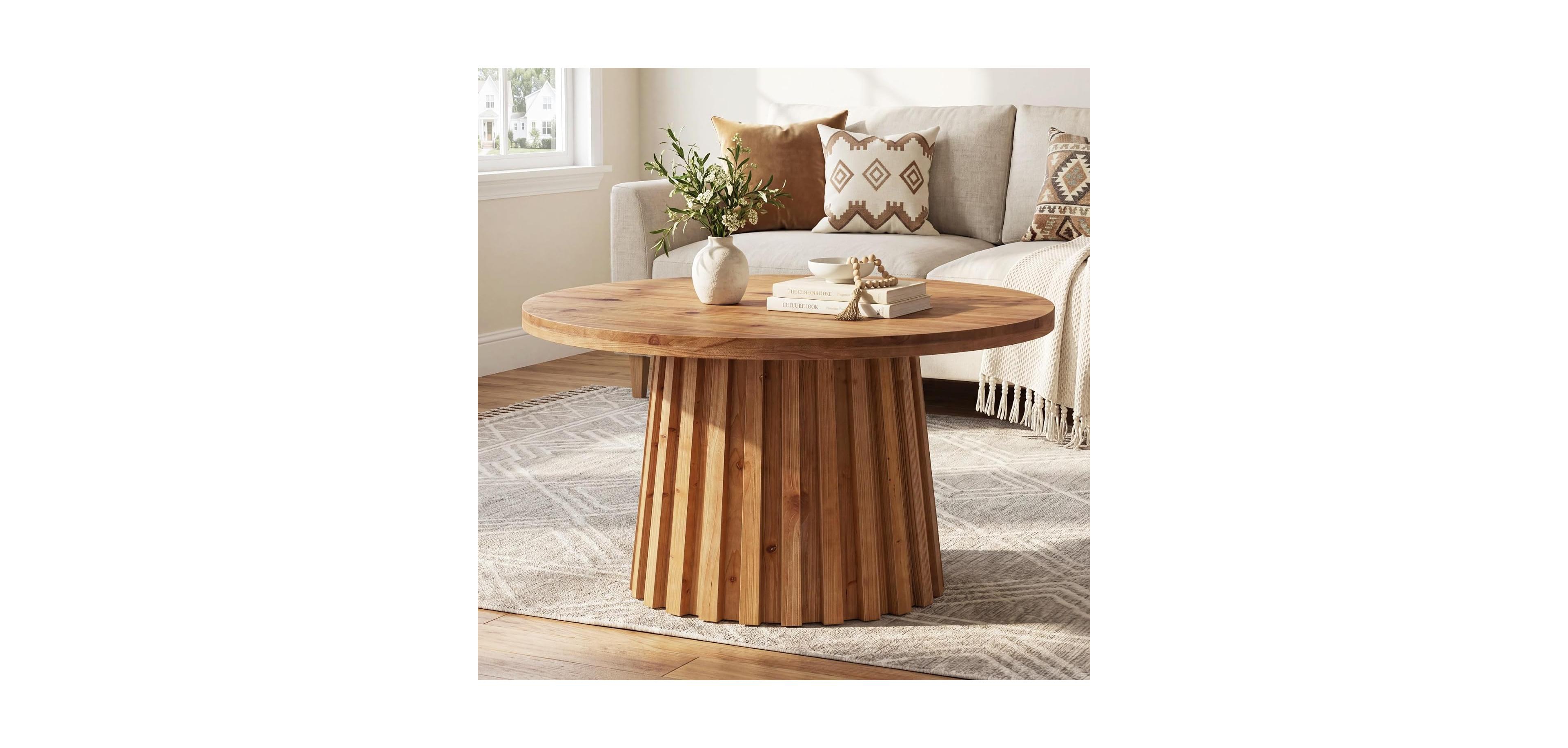 Tribesigns 31.5-Inch Solid Wood Round Fluted Coffee Table for Living Room