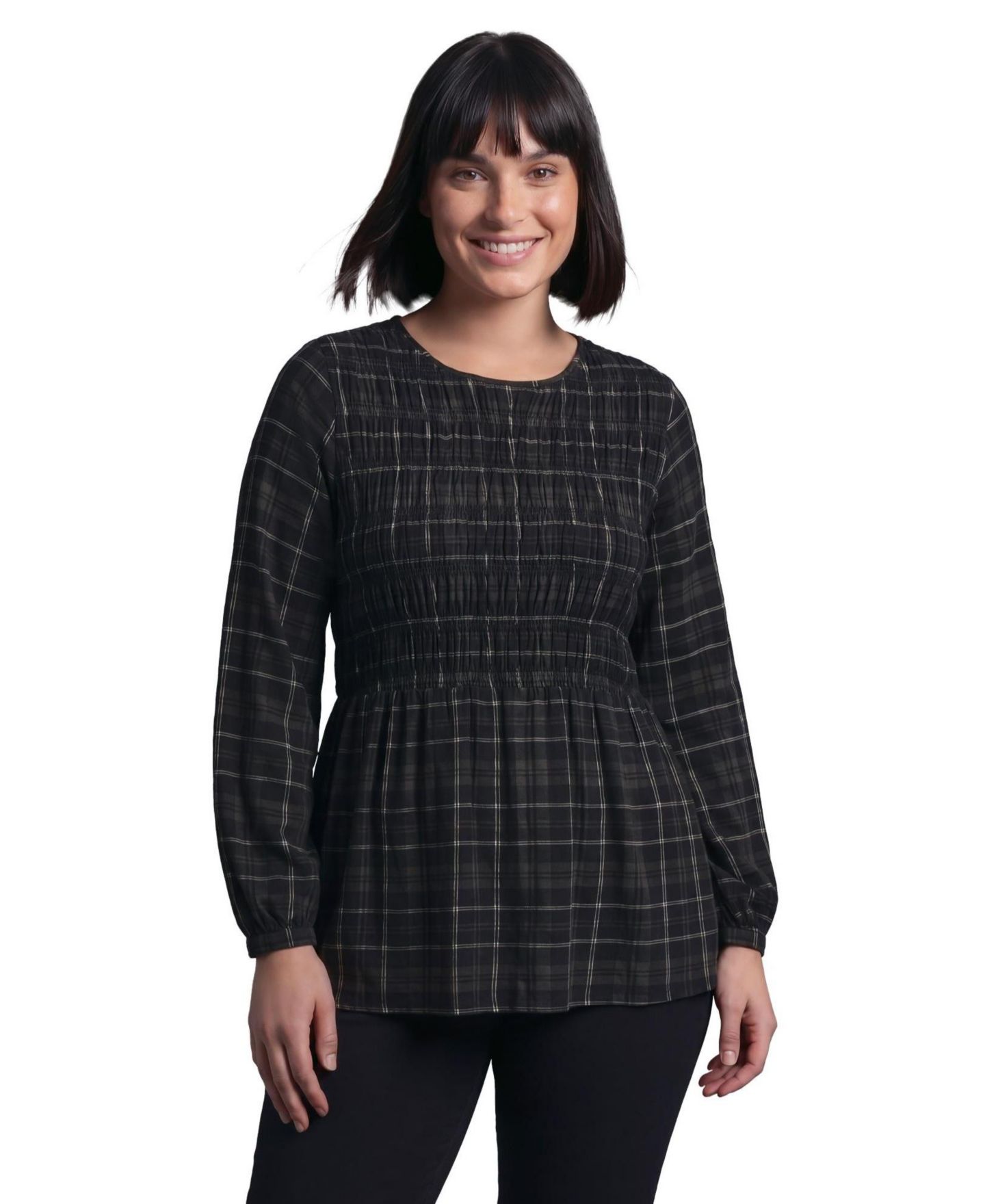 Женская блузка Avenue Plus Size Sela Long-Sleeve Smocked, цвет: Чёрный клетчатый — фото 1