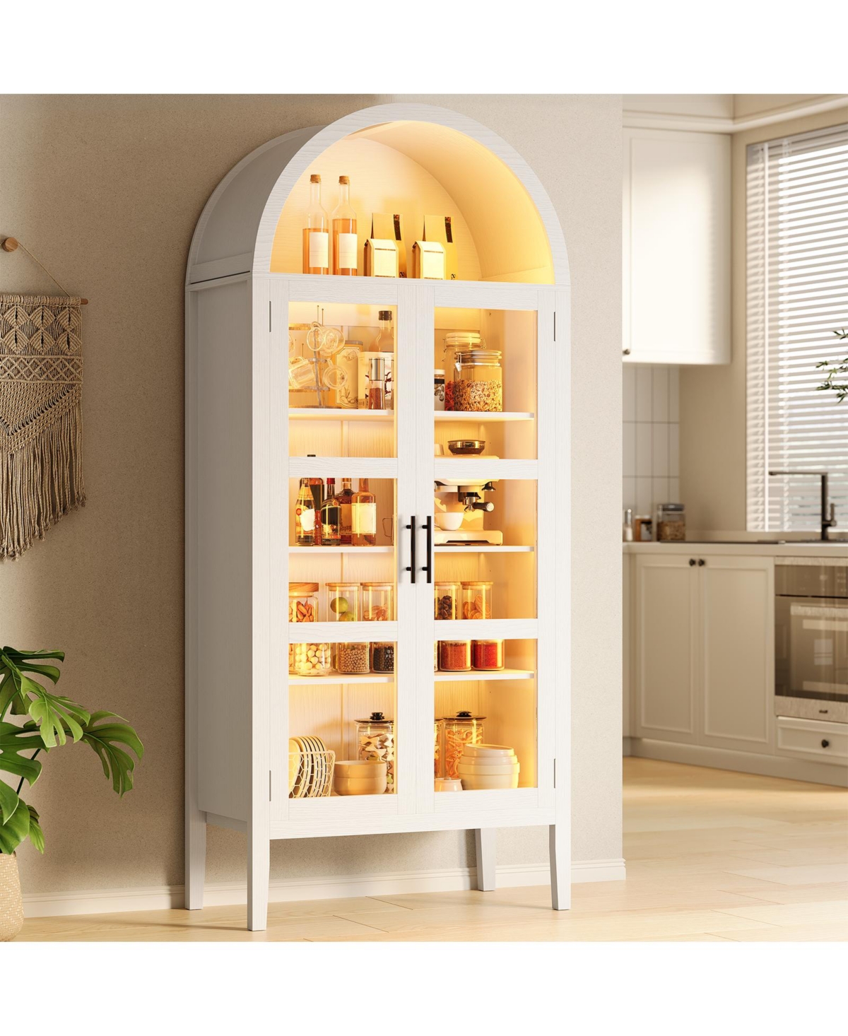 homfan 70" Tall Modern Arched Wood Pantry Storage Cabinet with Rgb Led Lights, Glass Doors and Adjustable Shelves for Kitchen, Dining and Living Room